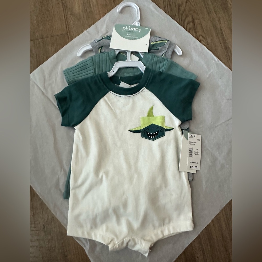 🦈💚 NWT PL Baby 3-Piece Romper Set Size 3M